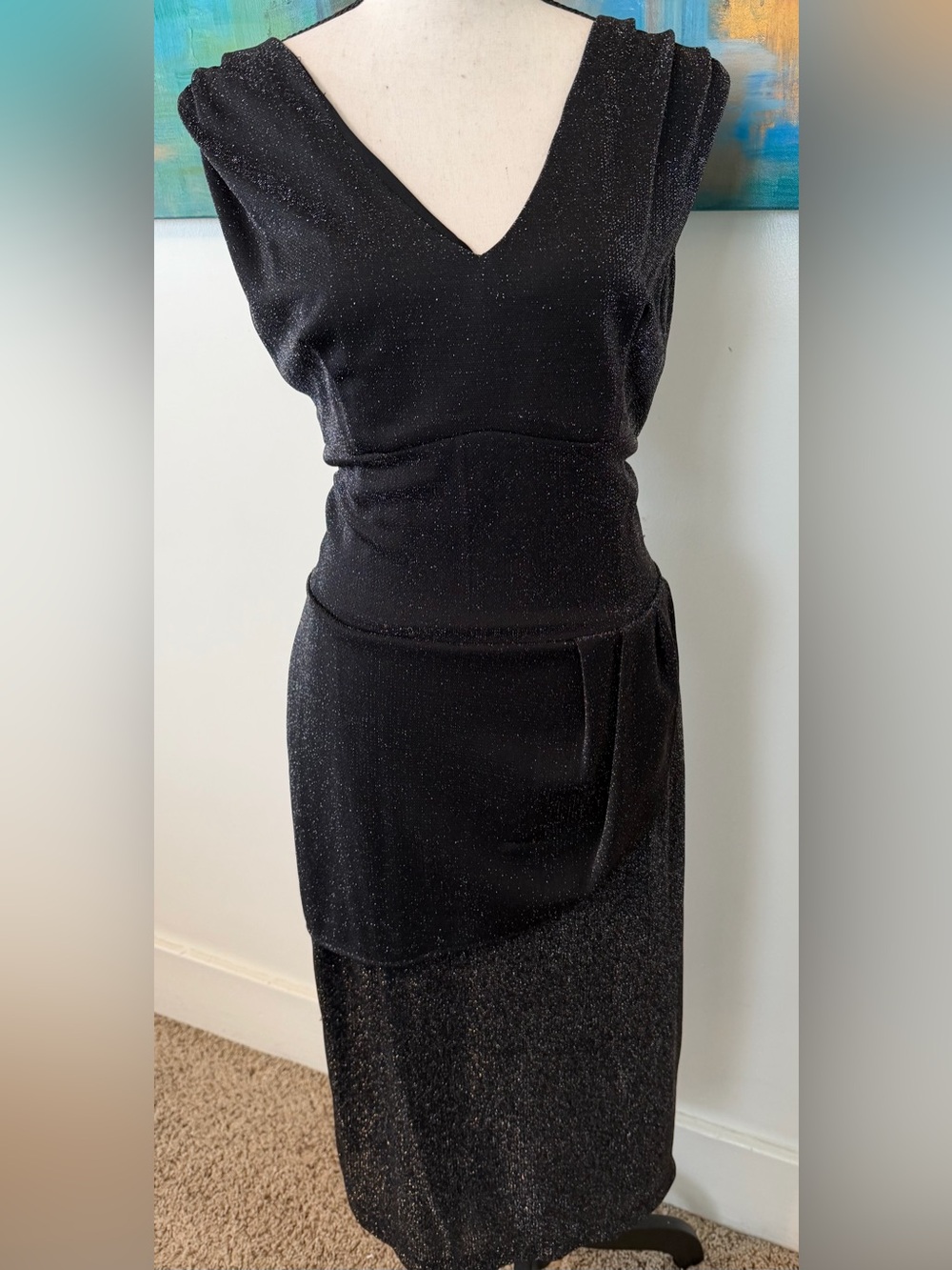 Queen Of Hearts NWOT Shimmering Black Stretch 40s Style Cocktail Midi Dress L